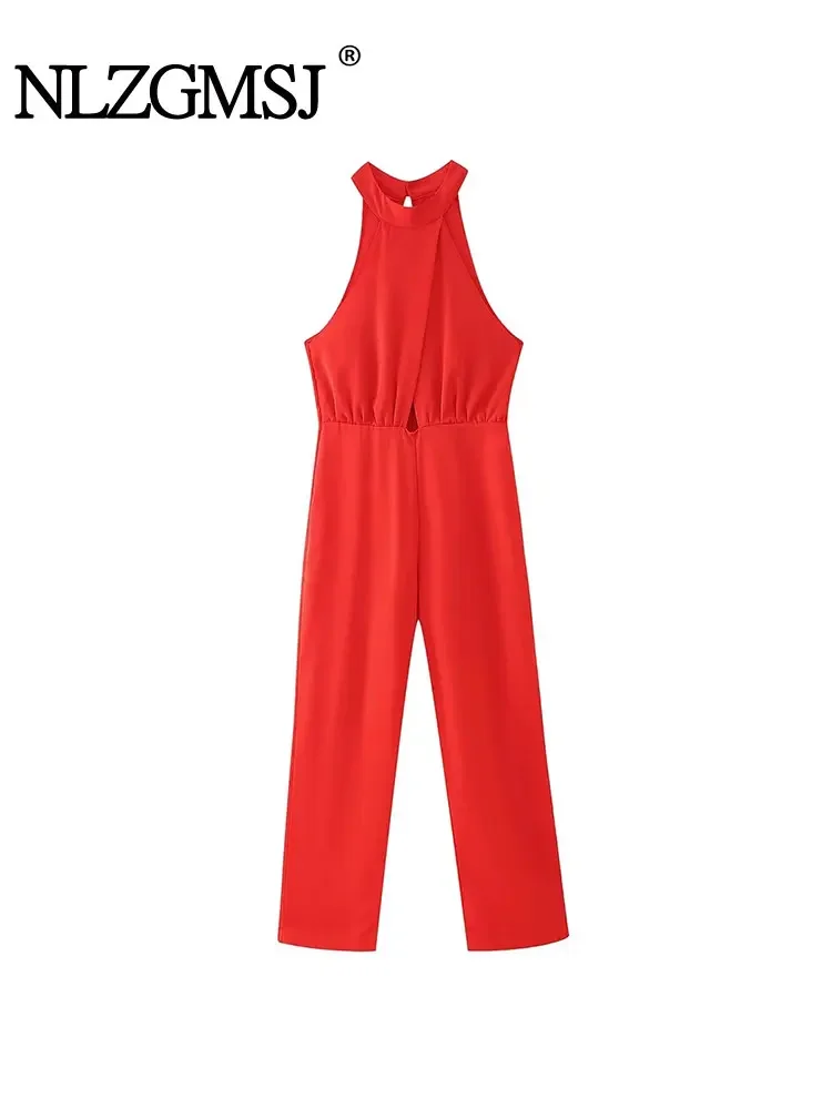 

Nlzgmsj TRAF Elegant Solid Women High Waist Wide Leg Jumpsuit Chic Hanging Neck Slim Set Summer Lady Holiday Outfit