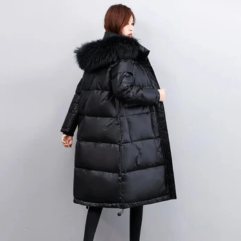 White Duck Down Coat Womens 2023 Winter New Parka Thick Fur Collar Hooded Long Down Jacket Loose Casual Female Outwear Warm Top