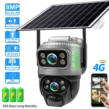 Dual Lens 4G Solar Camera 8MP 4K PIR Motion Detect Night Vision Waterproof CCTV Security IP Camara Low Powered Battery Monitor 1