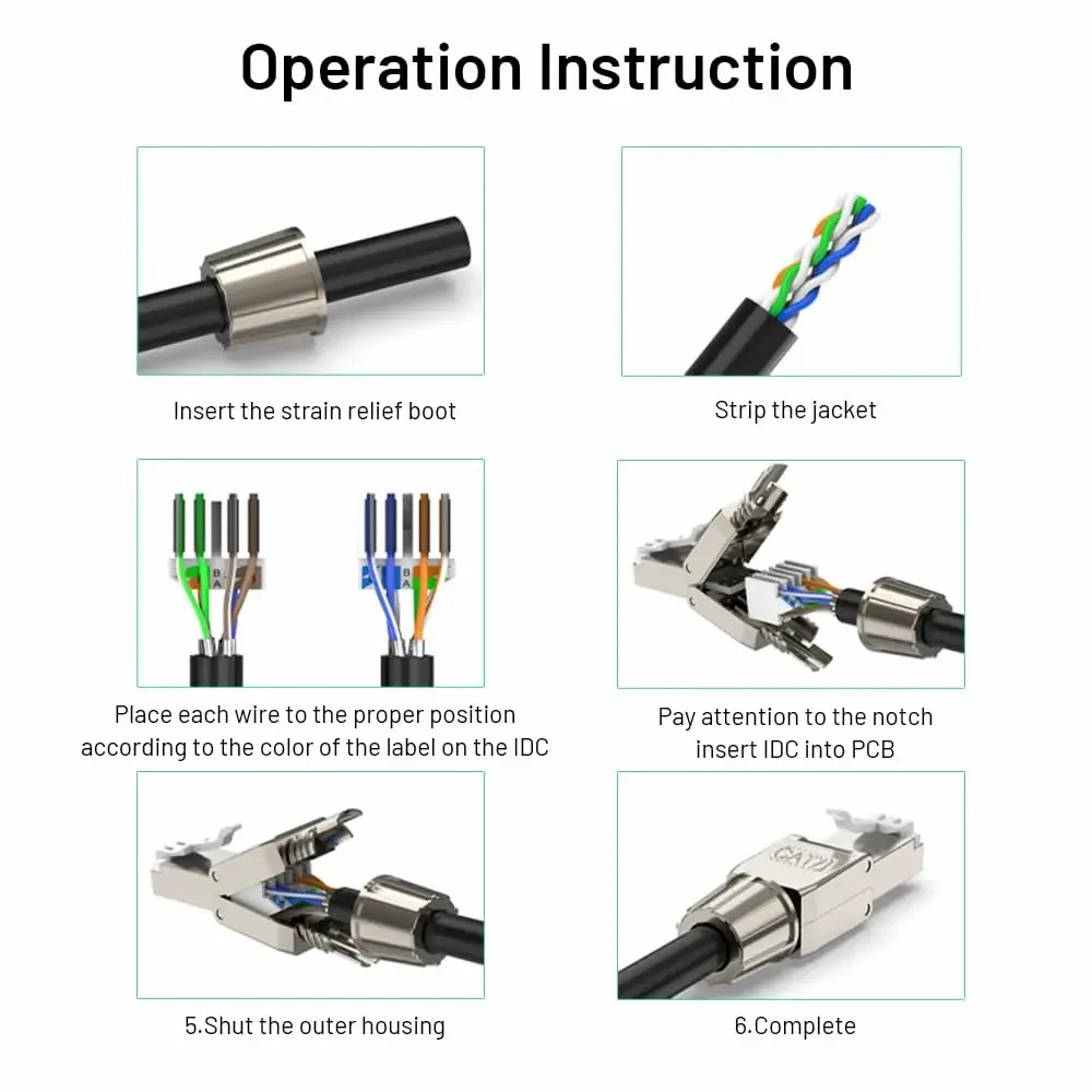WoeoW 6PCS RJ45 Cat6A Cat7 Cat8 Connectors Tool-Free Reusable Shielded Ethernet Termination Plugs for 23AWG SFTP UTP Cable