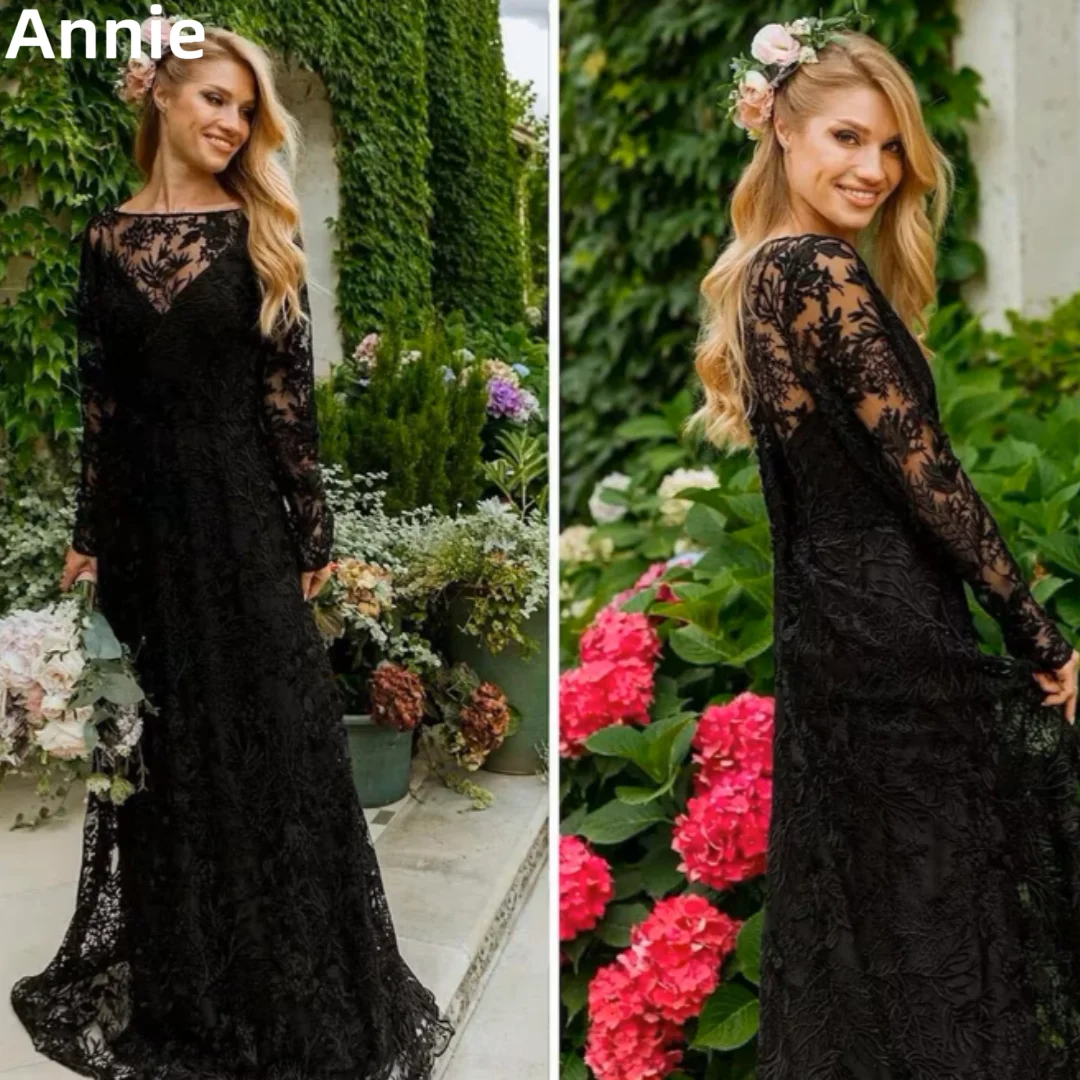 

Luxurious Lace Embroidery Prom Dresses Gothic Wedding Dress Evening Dress Long Sleeve A-line Dinner Party Dress فساتين السهرة