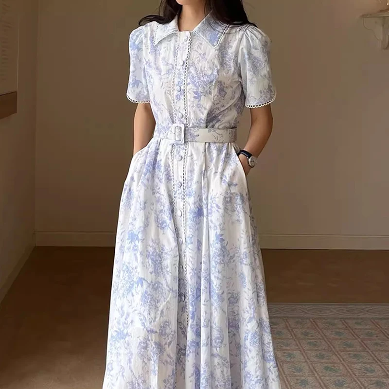 

Botton Lace Floral Shirt Midi Dress Puff Sleeve Vintage Vestidos De Verano Elegant Korean Chiffon A Line French Wash Drawing