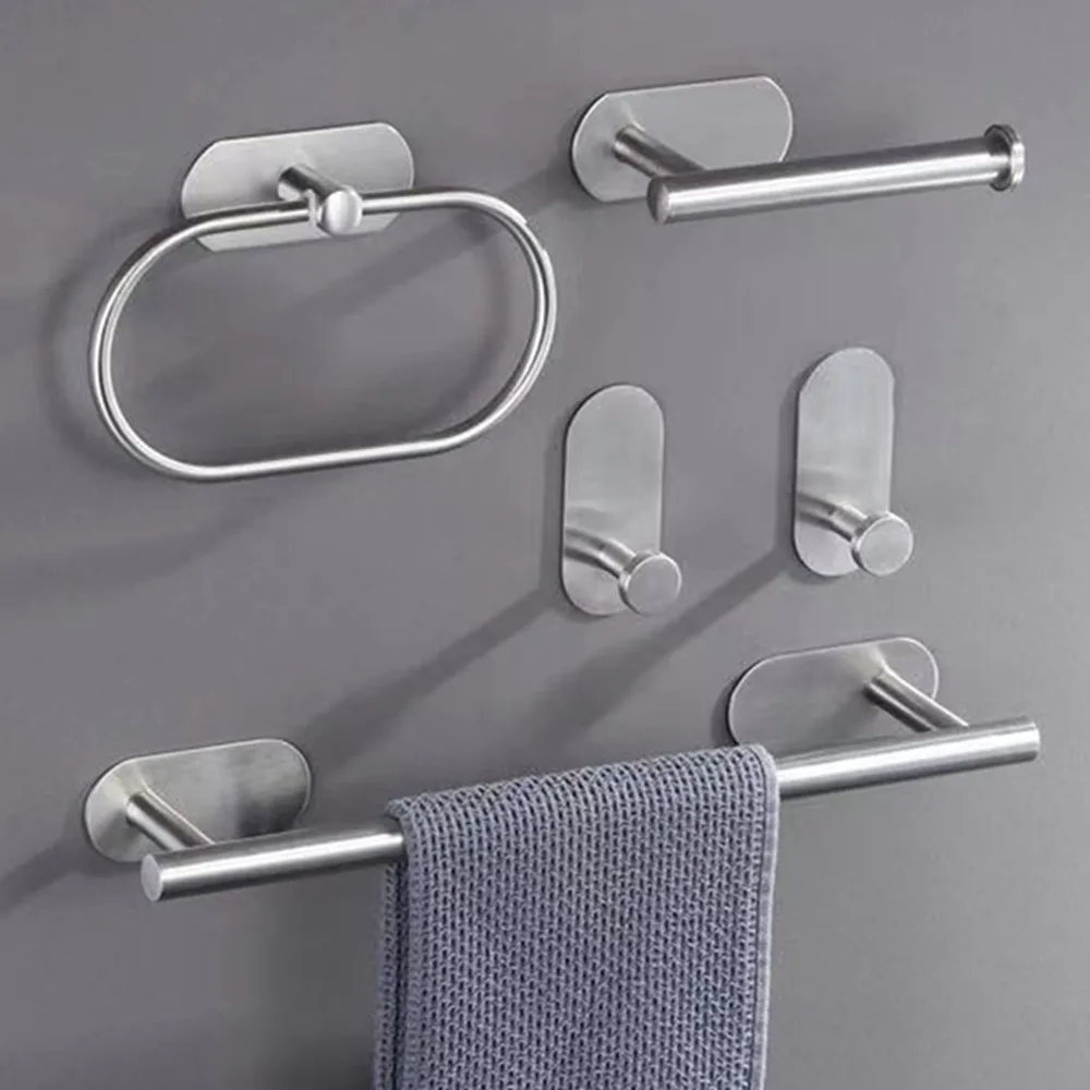Self-Adhesive Bathroom Accessory Set Wall-mounted Towel Bar Toilet Paper Rack Stainless Steel Matte Black Bathroom Hardware Set