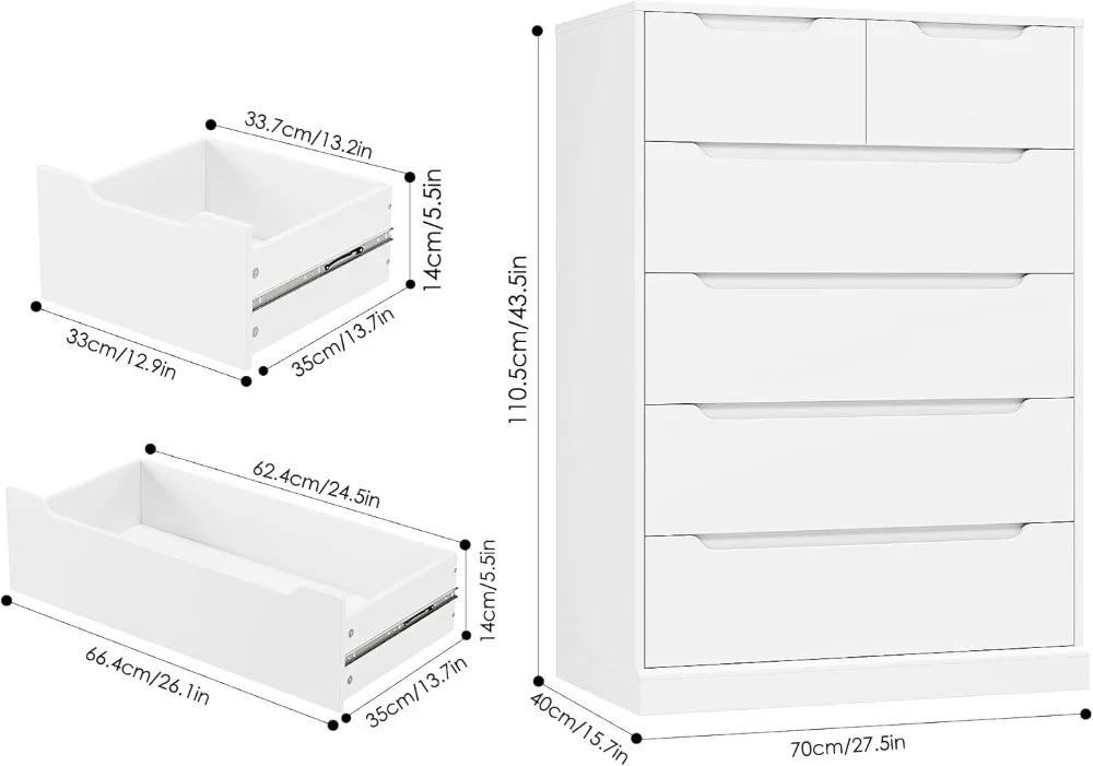 Modern 6 Drawer Dresser, Tall Storage Chest with Cut-Out Handles, Classic White for Bedroom & Living Room