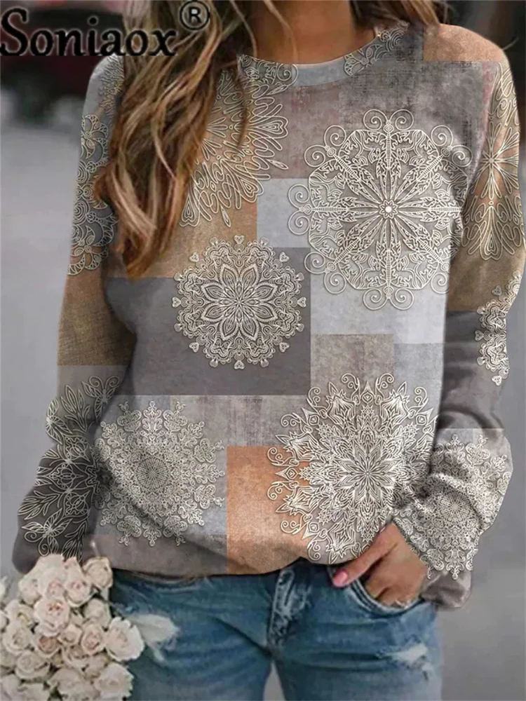 2021 Casual Autumn Women Patchwork Sweatshirt Loose Long-Sleeve Print ...