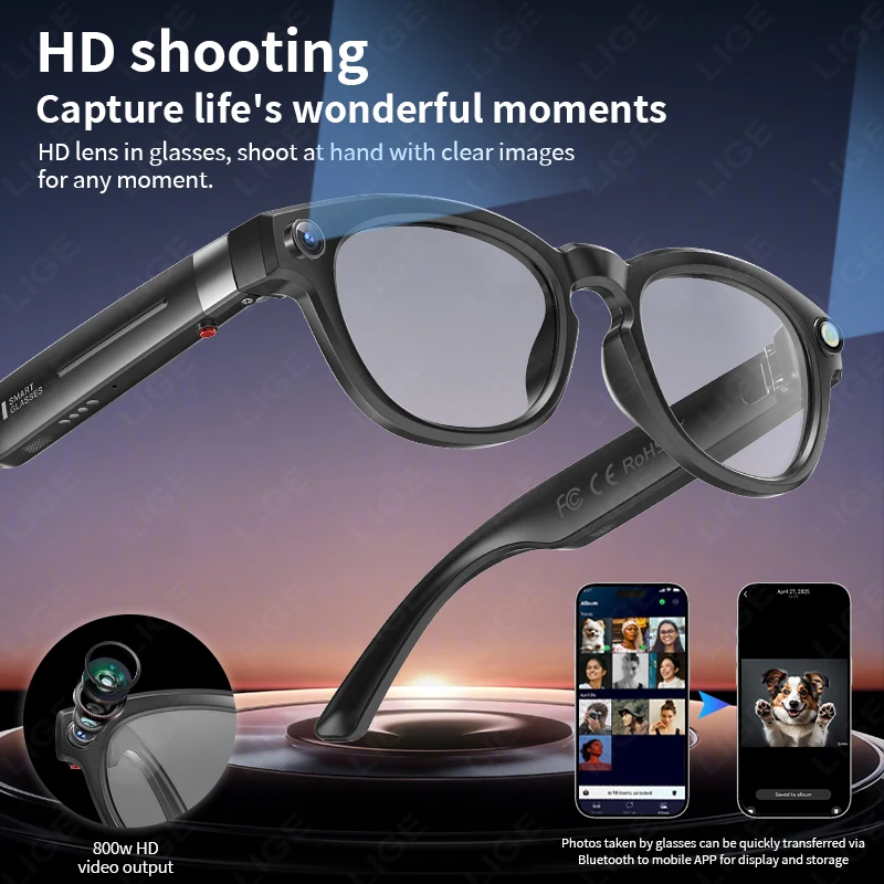 LIGE AI Smart Glasses 4K HD 800W Camera Shoot Video 290mAh Battery Voice Assistant Control Calling Outdoor Color-change Lenses
