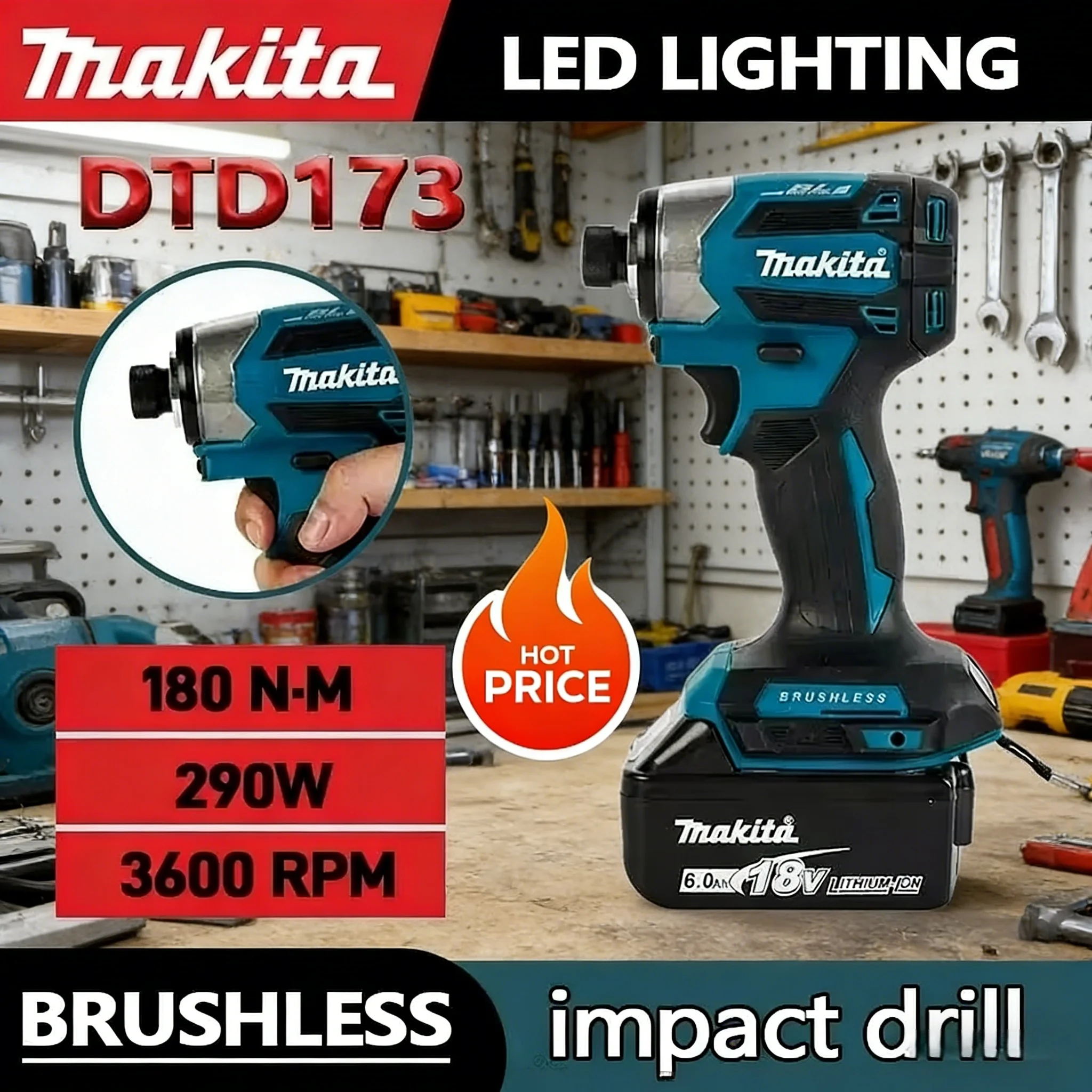 마키타 DTD173 1800RPM 무선 임팩트 드라이버 180N.m 브러시리스 모터 전기 드릴 목재/볼트/T-모드 (마키타 18V 배터리용)