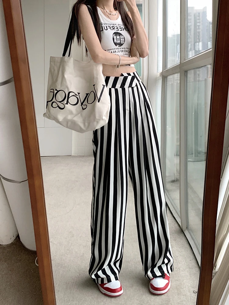 S-XL 2023 Spring Summer High Waist Wide Leg trousers female Black White  Stripe Breif casual Long pants female (77076) - AliExpress