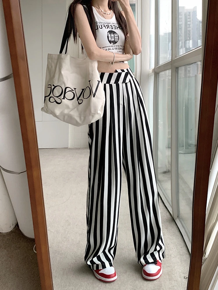 S-XL 2023 Spring Summer High Waist Wide Leg trousers female Black White Stripe Breif casual Long pants female (77076)