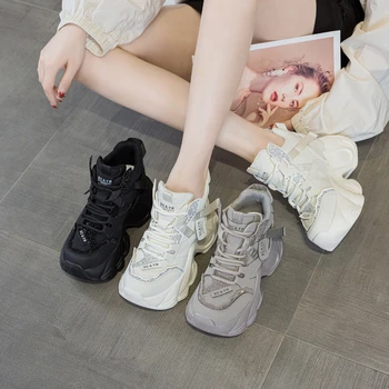 Womens Rhinestone Mesh Platform Chunky Sneakers Hidden Heel Lift Casual Dad Shoes In Black White Gray For Daily Street Style
