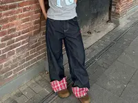 American retro plaid patchwork rolled edge women jeans high street Harajuku loose wide leg straight leg men and women pants - Image 6