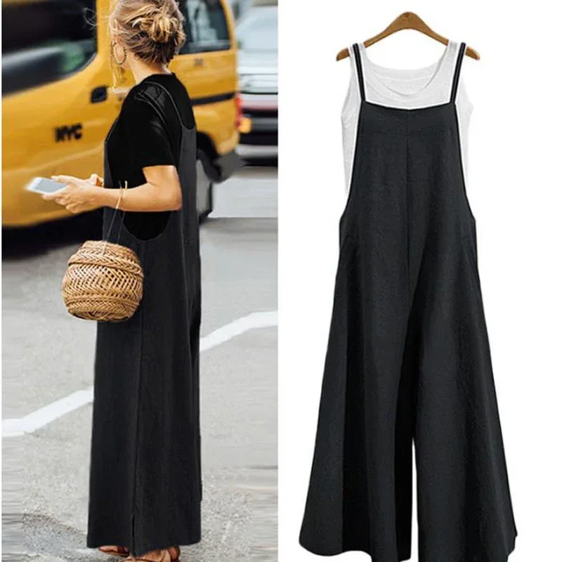 2024 New Women Straps Jumpsuit Summer Solid Color Wide Leg Pants Overalls Casual Loose Sleeveless Cotton Linen Jumpsuits 5Xl