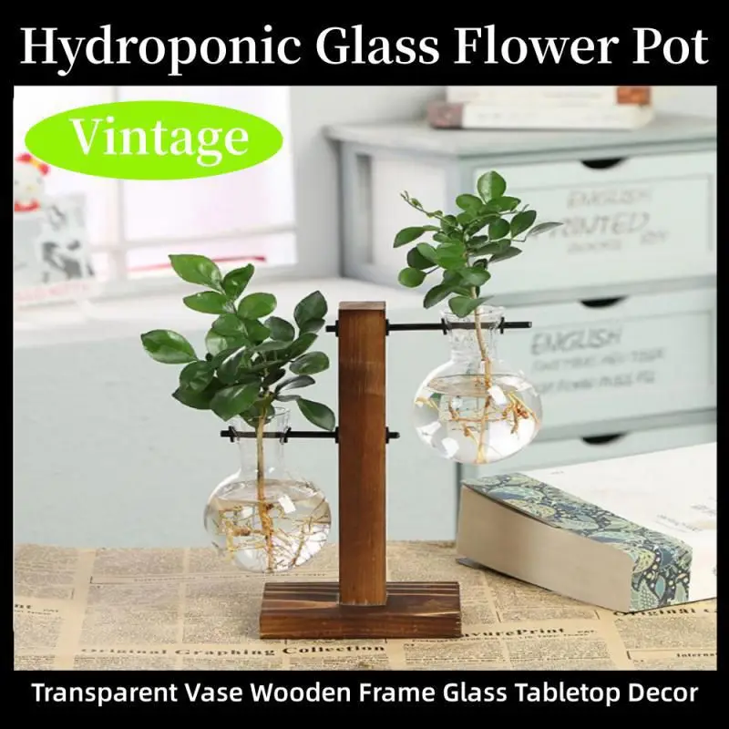 Hydroponic Vintage Glass Flower Pot Terrarium Plant Vases Transparent Vase Wooden Frame Glass Tabletop Decor Garden Supplies 1