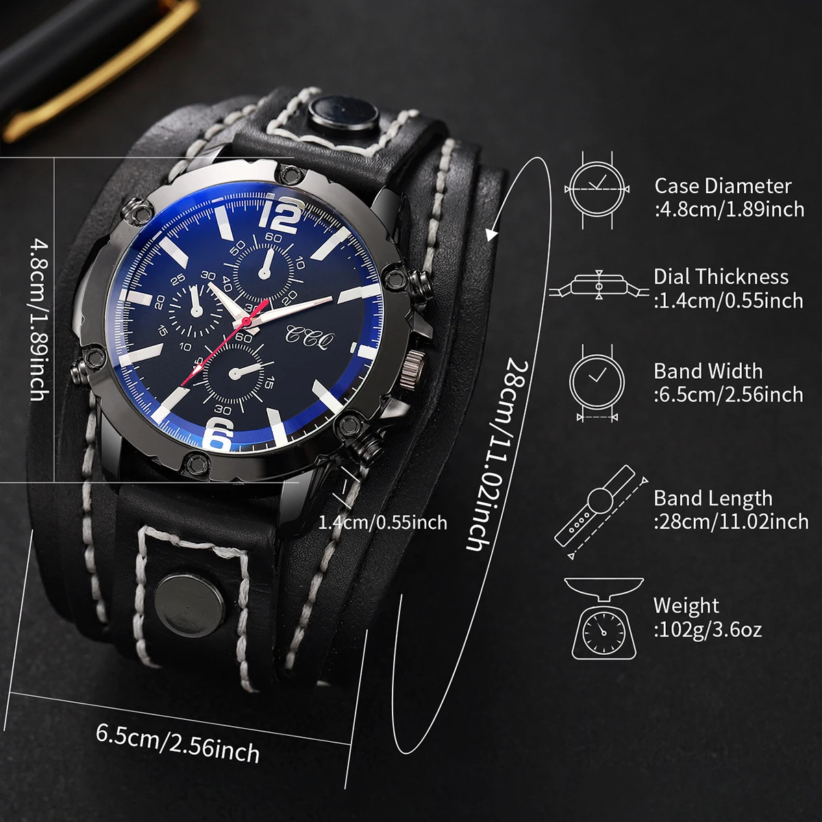 Fashion Men's Watch Three Eyes Blue Dial Leather Strap Casual Sports Style Quartz Watch