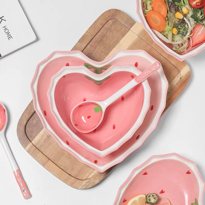Strawberry Bowl Spoon Plate Set Decorated with High Beauty for Girl's Favorite Bowl Salad Dessert Household Tableware