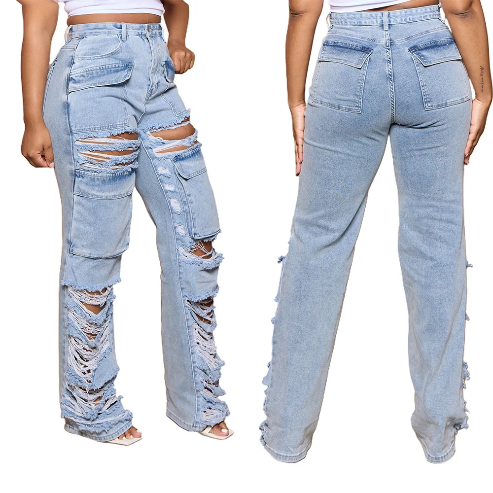 Women Trousers Summer Casual Loose Pockets High Waist Ripped Straight Wide-Legged Jeans Denim Trousers Lady Denim Cargo Pants