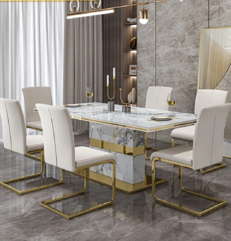 

Dining table Modern simple light luxury household cold jade bright rock plate dining table chair combination dining table rectan