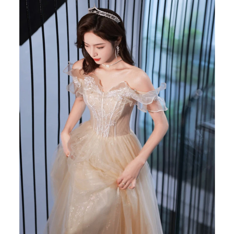 

Champagne Evening Dress for Women Exquisite Blingbling Slash Neck Off Shoulder Ruffles A-Line Floor-Length Quinceanera Prom Gown