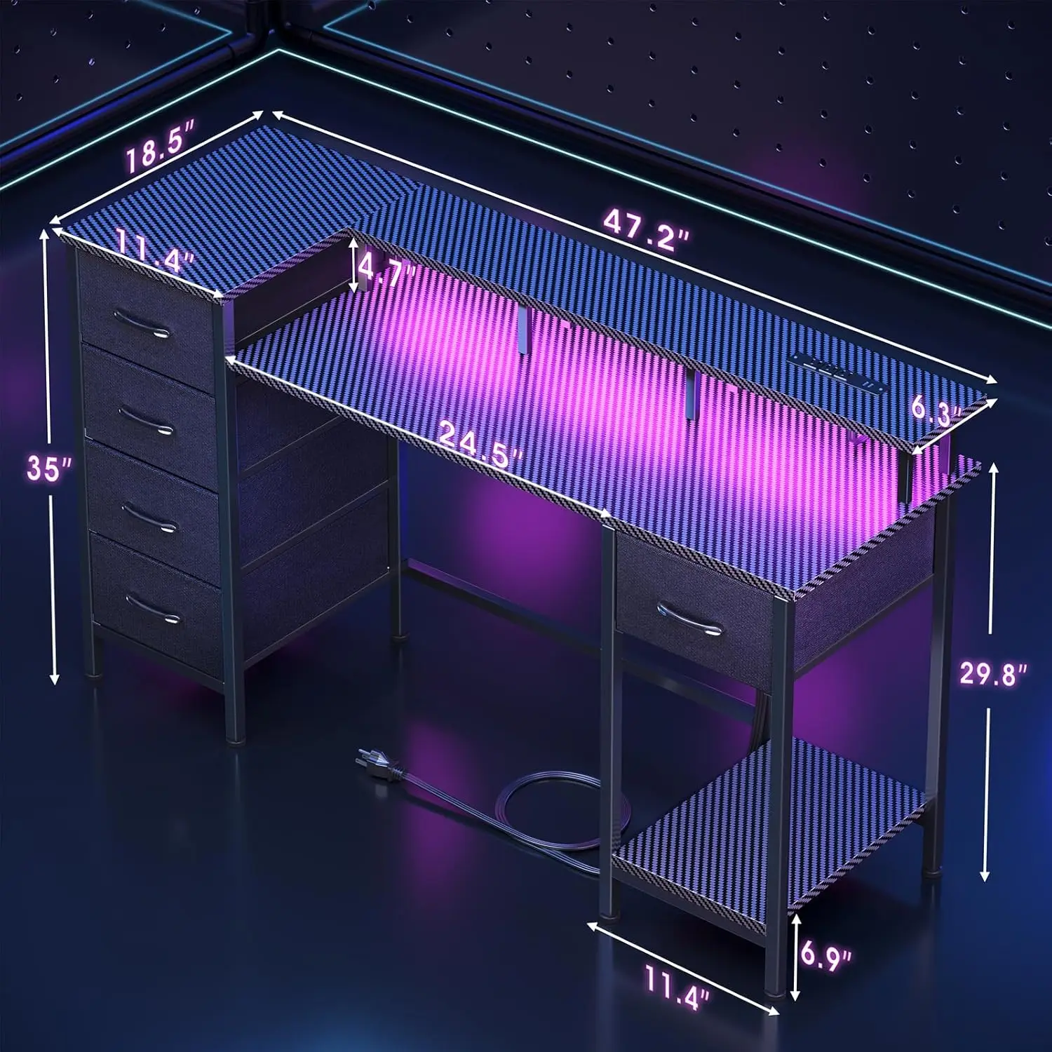 47 Inch Computer Gaming Desk with Power Outlets & LED Lights Reversible Home Office Desk with Adjustable 5 Fabric Storage Drawer