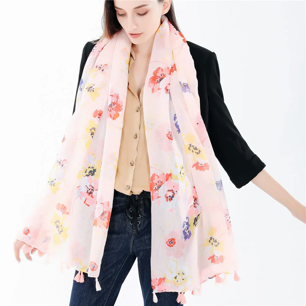 Fashion Autumn And Winter Hot Selling Fashion Solid Color Flower Shawl Printed Pattern Cotton Hemp Scarf