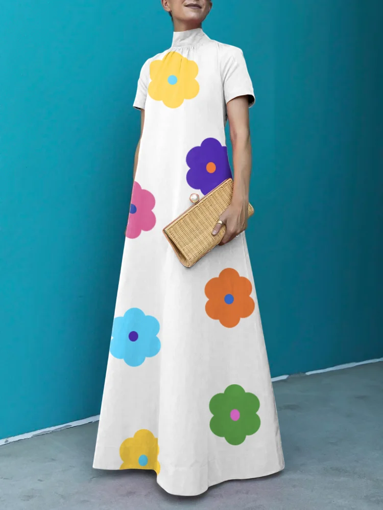 

Freeacy 2023 New Floral Printed Short-sleeved High Neck A-Line Long Dress Summer Loose Fitting Casual Dresses For Women