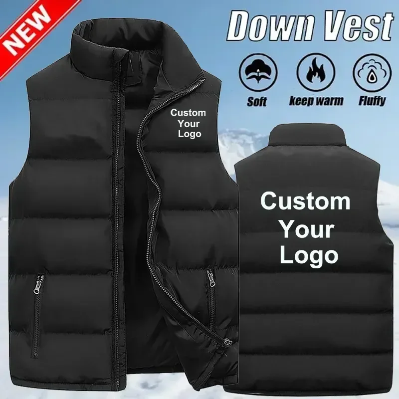 

Men's Custom Your Logo Zipper Warm Vest Casual Sports Stand Collar Sleeveless Jacket Winter Down Vest