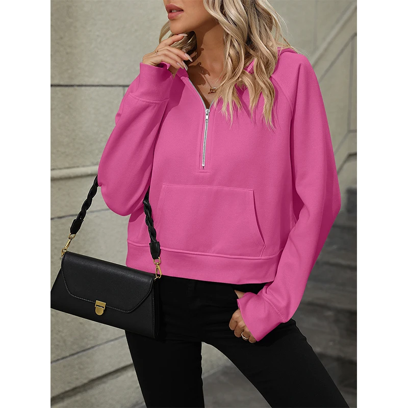 Autumn Winter New Solid Color Add Velvet Casual Fashion Hoodies Ladies Chic Pocket Zipper Hooded Pullover Top Women's Sweatshirt