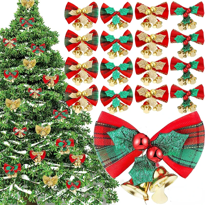 4Pcs Red Christmas Bow with Bell Xmas Tree Wreaths Hanging Pendant Mini Bowknot Ornament DIY Crafts Gift New Year Decorations