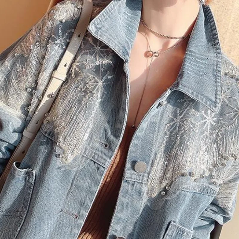 Denim Coat Women Short Fashion Casual Heavy Industry Hot Drill Mesh Glitter Long-sleeved Top Spring Autumn New Jean Jacket 2024
