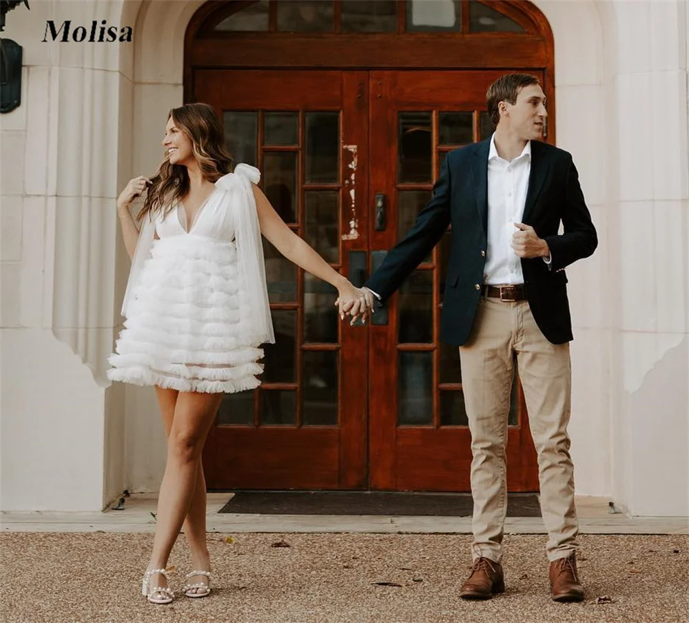 

Boho Wedding Dress Tiered Sleeveless Mini Above Knee Bride Dresses for Women 2022 Free Shipping Country Simple Bridal Gown