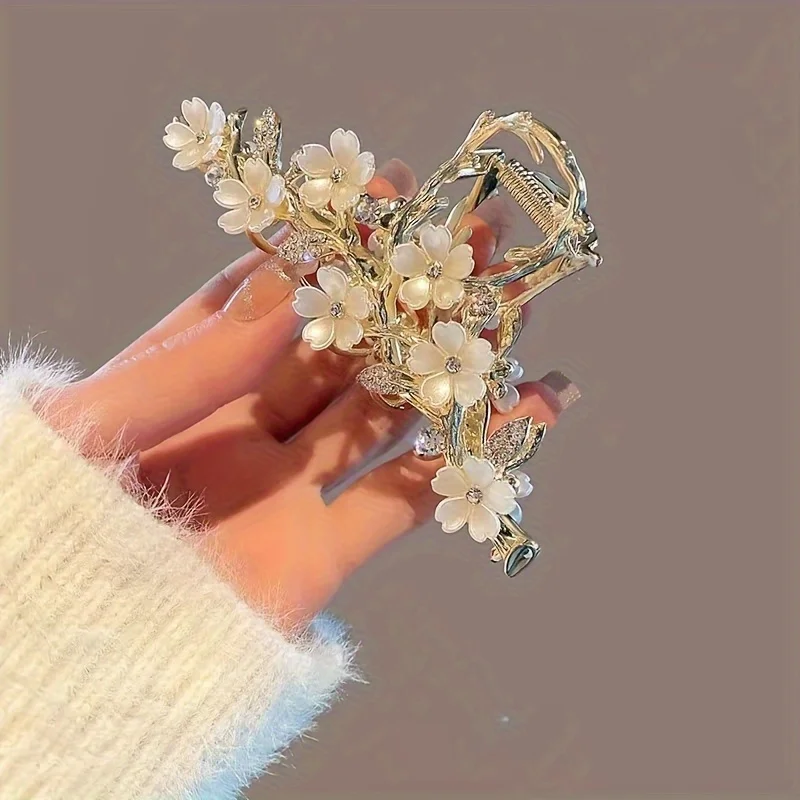 Elegante Haarspange mit künstlicher Imitationsperle, Haifischgriff, Haarklammer für Hochzeiten, Partys, funkelnder Blumen-Haarschmuck für Frauen