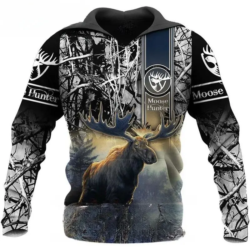thumbnail image 1 of Sudadera con capucha para hombre con estampado 3D de animales de caza de ciervos y cazadores, jersey de manga larga de camuflaje a la moda para exteriores, 1 of 4