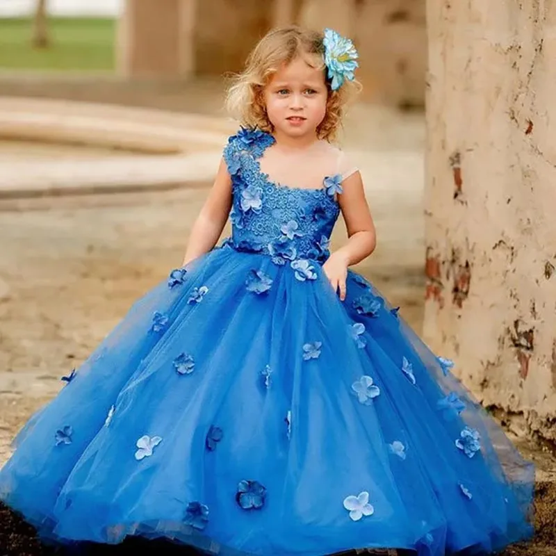 

Blue Lace Flower Girl Dresses Ball Gown Sheer Neck Hand Made Flowers Lilttle Kids Birthday Pageant Weddding Gowns