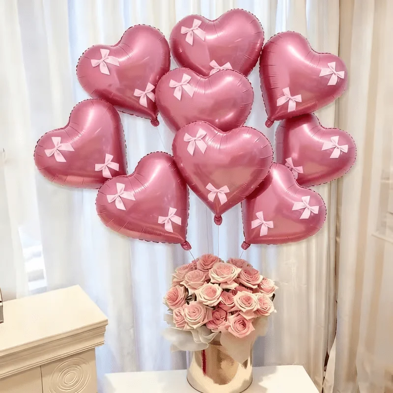 Rosa herzförmige Ballons und Schleifen-Set – Heliumgefüllte glänzende Folienballons und Schleifen für Hochzeiten, Geburtstage, Valentinstag und Partydekorationen – Heliumgefülltes Partyzubehör-Set