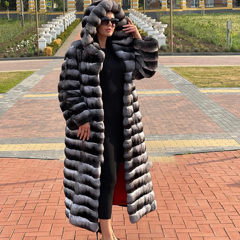 Natural Rex Rabbit Strip Sewed Fur Outertwear Winter 2022 New Hooded Thicken Fashion Straight Warm Real Fur Coat Female