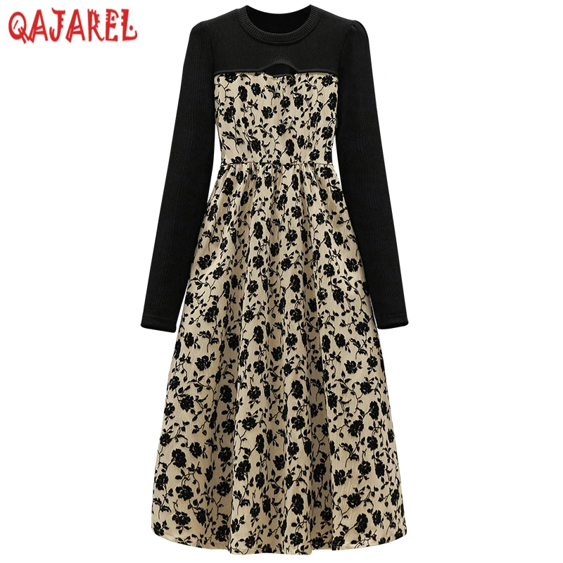 

Women Black Flocking Patchwork Floral Chiffon Midi Dress Spring Summer Fashion Hollow Out Sexy Dress 2024 Elegant Bodycon Robe