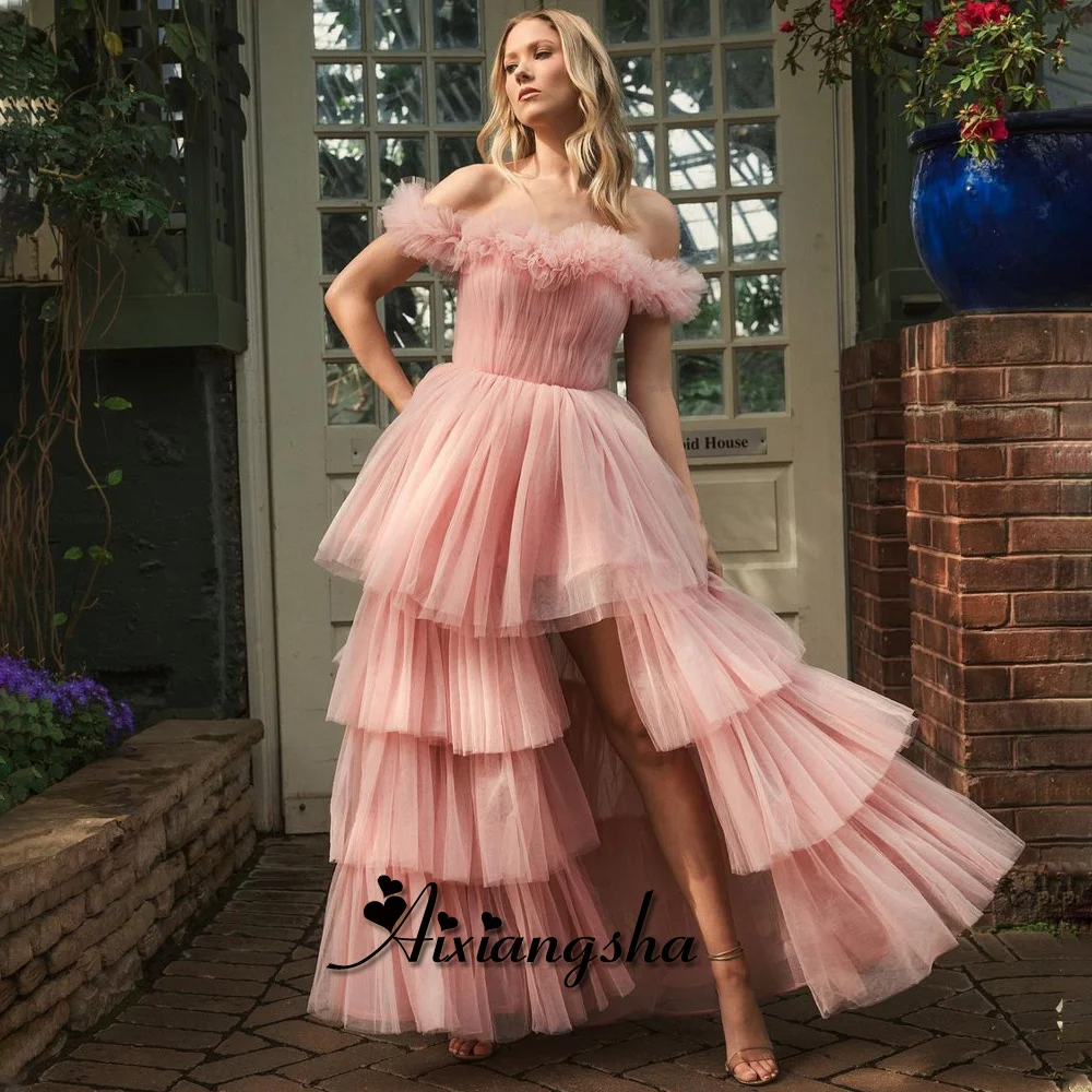 

Aixiangsha Latest Hi-Lo Celebrity Dresses for Women Bateau Neck Off the Shoulder Tiered Corset Vestido Gala Mujer Personalized