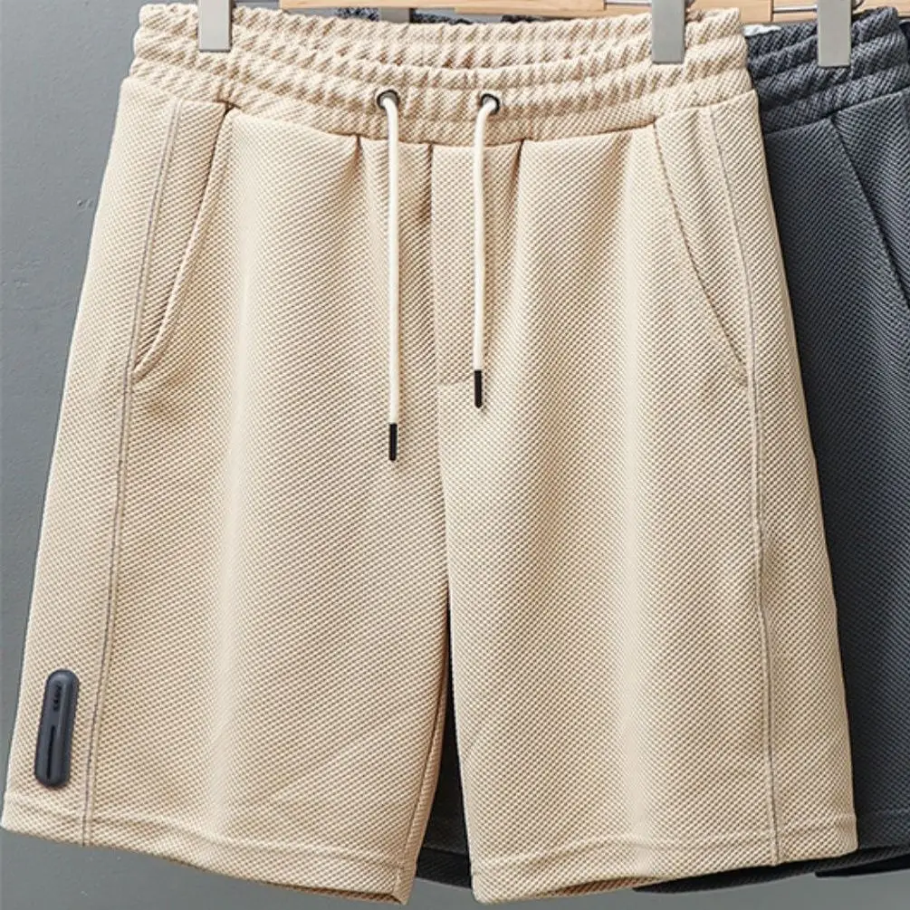 Invisible Open Crotch Sex Pants Waffle Shorts Men's Summer Heavy Sweatpants Loose Sports Elastic Waist Casual Short with Pockets