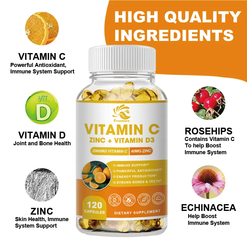 Greensure Immune Support Supplement with Echinacea, Vitamin C and Zinc 40mg, Vitamin D 5000 IU - 60/120 Capsules image_2