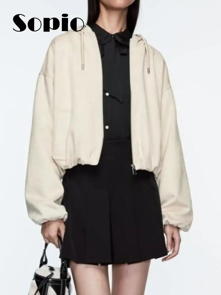 

Женская укороченная куртка на молнии, однотонная Повседневная куртка с капюшоном и длинным рукавом, верхняя одежда, осень-зима 2023