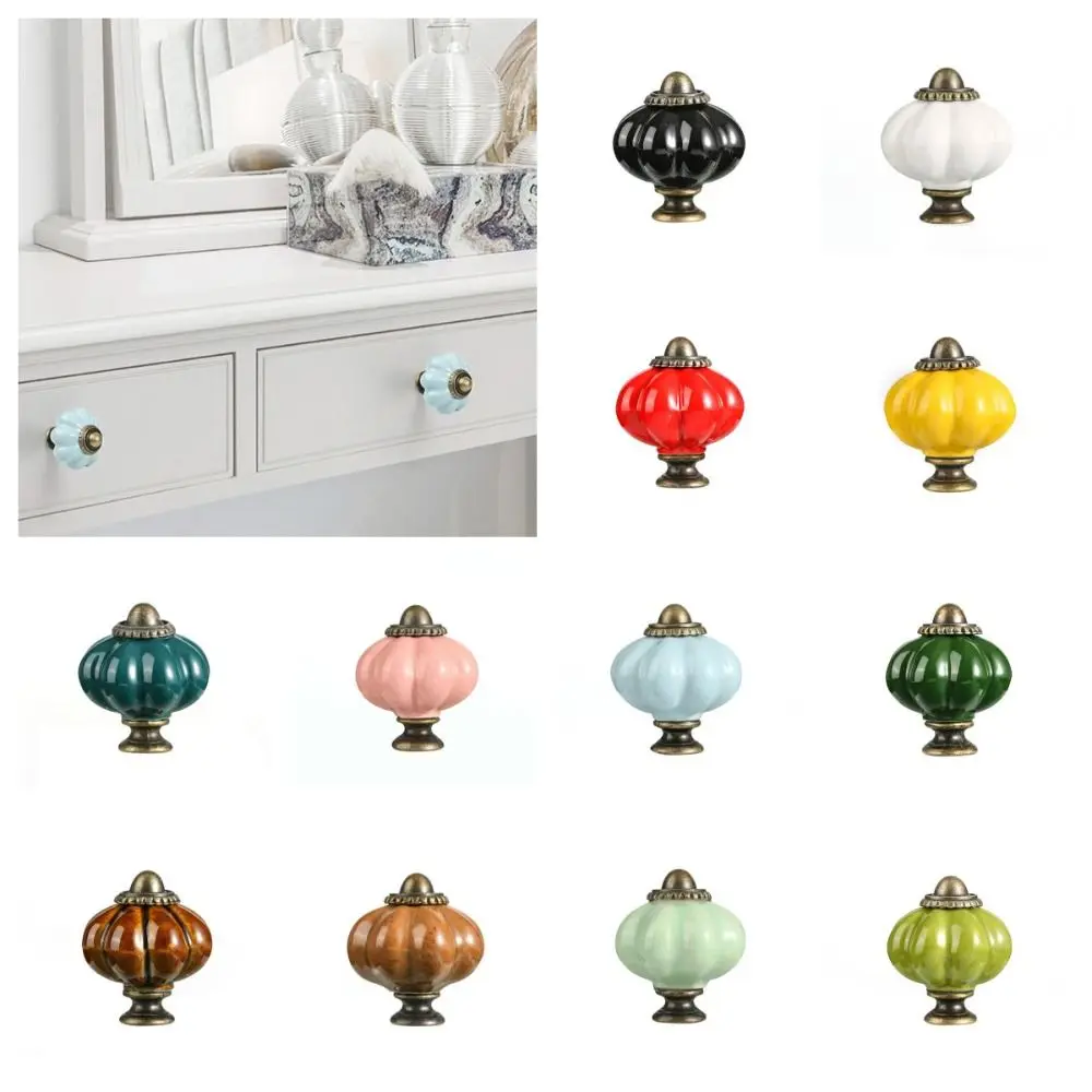 Single Hole Ceramic Pumpkin Handle Round Vintage Cabinet Knob European Style Drawer Knobs Kitchen Retro