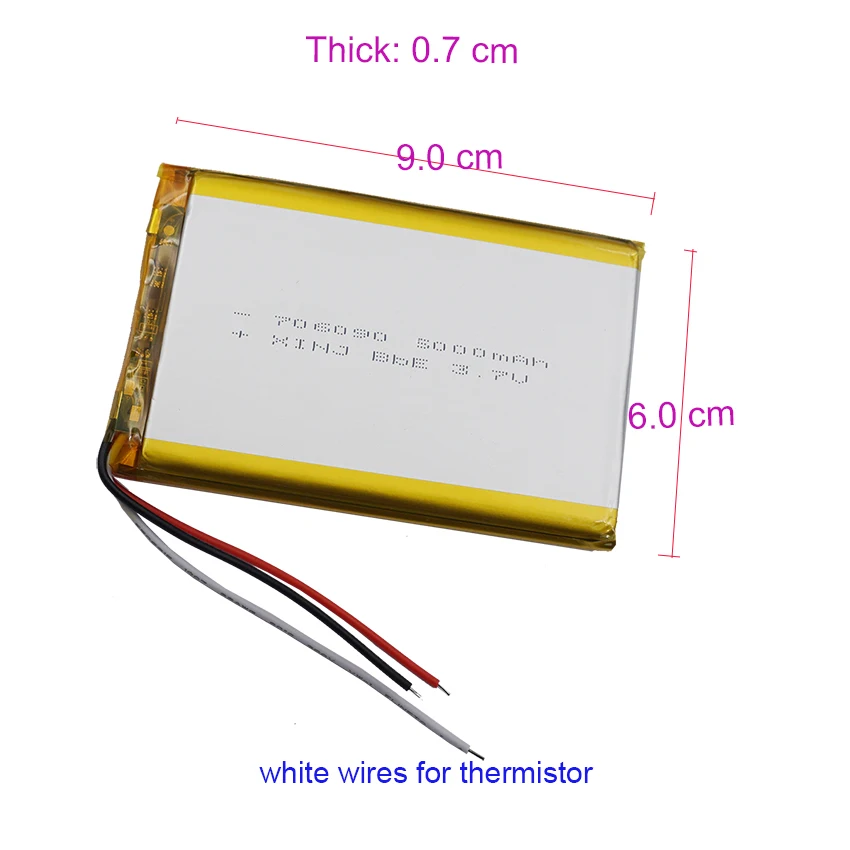 3.7V 5000mAh 18.5Wh Polymer Li LiPo Battery 706090 NTC Thermistor 3 Wires JST 3Pin 1.25mm Connector For GPS Power Bank Tablet PC