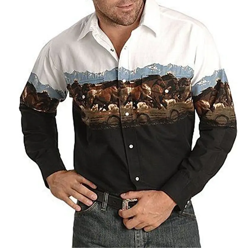 Men's shirt animal horse pattern print cuffed outdoor street long sleeve button print clothing fashion button design