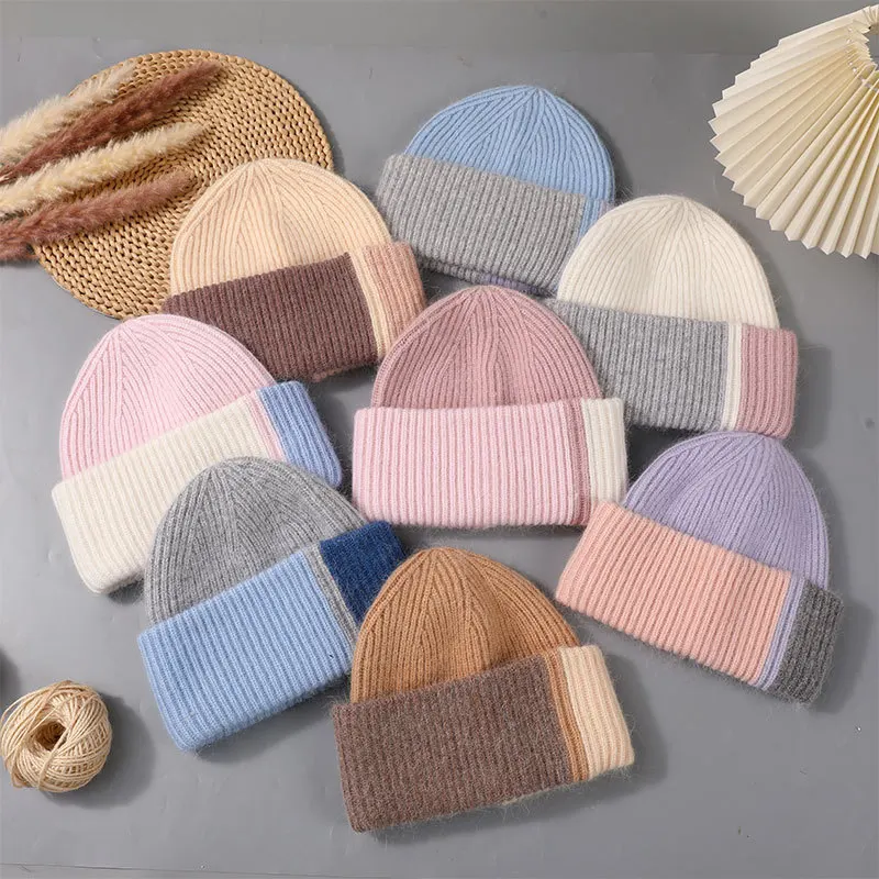 Chapéu de outono para patchwork de pele de coelho, gorro de inverno da moda, gorro de malha quente, chapéus femininos para adultos, capa de cabeça_voghion.com