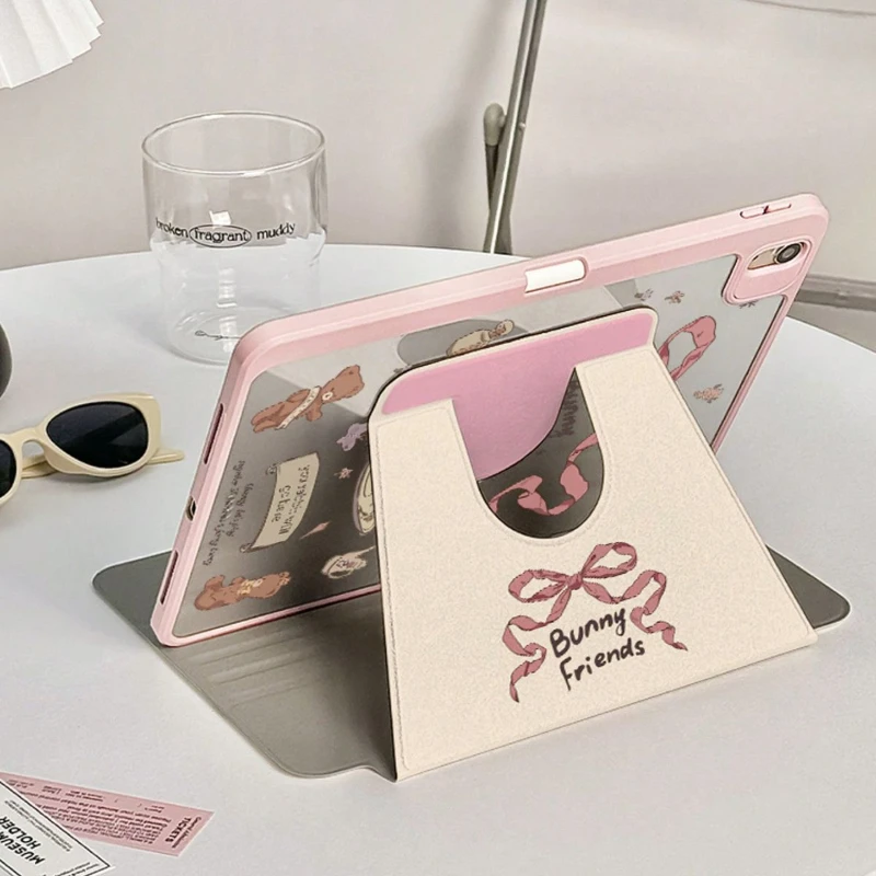 Elegant Bow Tie Teacup Bunny Rotating Tablet Cover