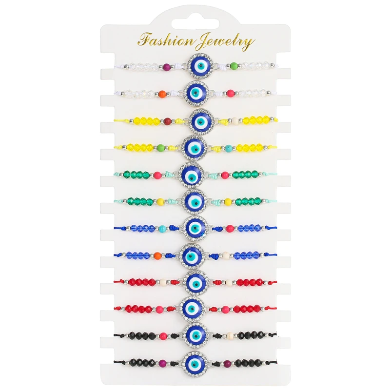 12pcs/set Blue Round Beads Eye Fatima Hand Bracelet Set For Women Men Handmade Braided Rope Adjustable Bracelets Jewelry Gifts