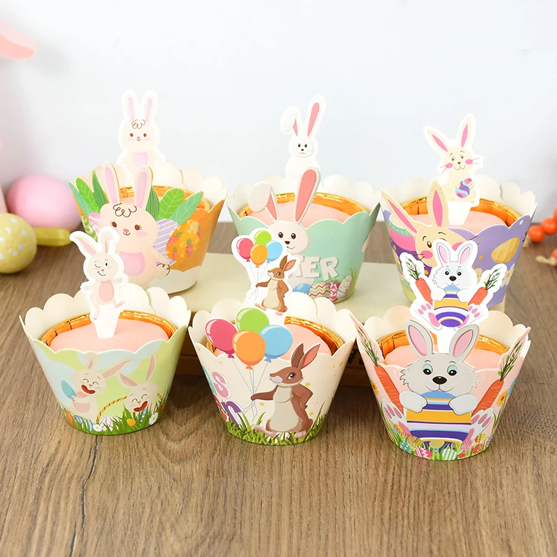 

6Set Cute Rabbit Cupcake Wrapper with Cake Topper Easter Party Bunny Cake Toppers Birthday Baby Shower Baking Dessert Decoration