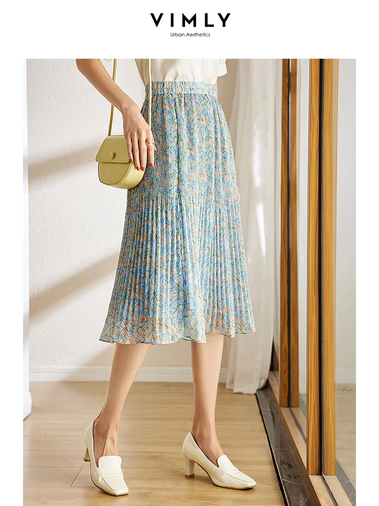 

Vimly Floral Chiffon Midi Skirt for Women 2023 Summer Vintage Elastic High Waist Slim A-line Elegant Pleated Umbrella Skirt