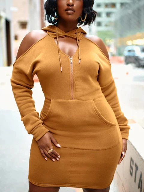 Women Long Sleeve Cold Shoulder Hooded Dress Casual Sweatshirt Mini Dress -  Dresses - AliExpress
