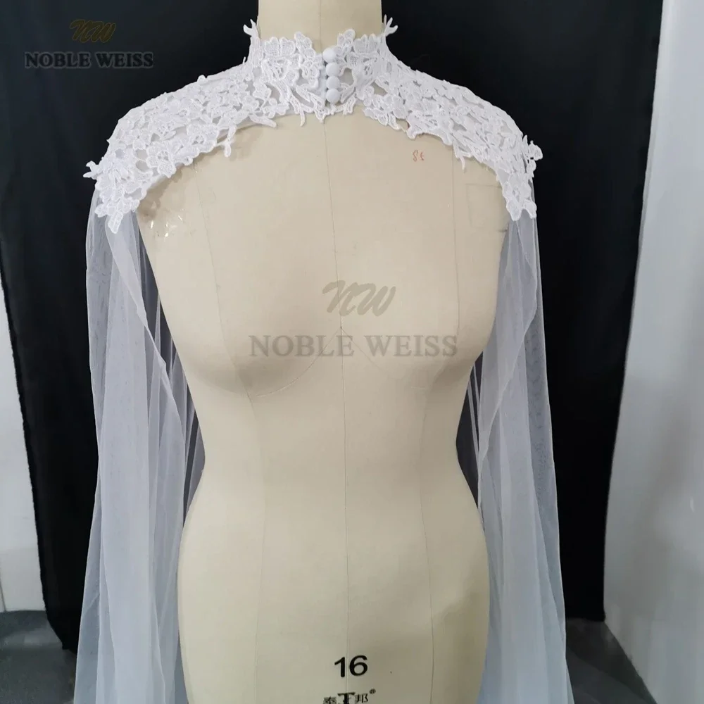 Appliques Tulle Wedding Cape High Neck Long Cloak Cathedral Length Wedding Lace Bridal Accessories Customized